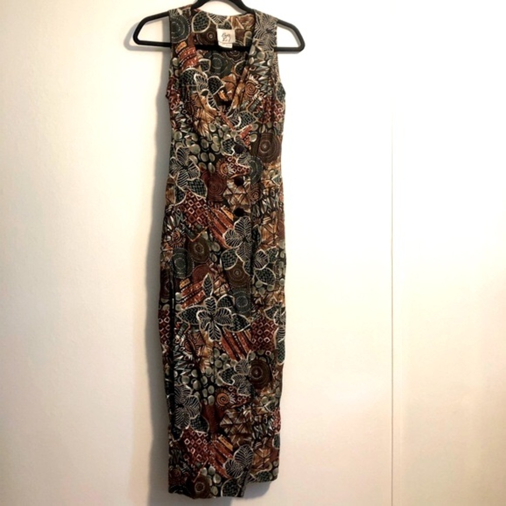 Byer Too! Womens vintage dress Midi Size 3 Tribal Buttons floral brown summer
